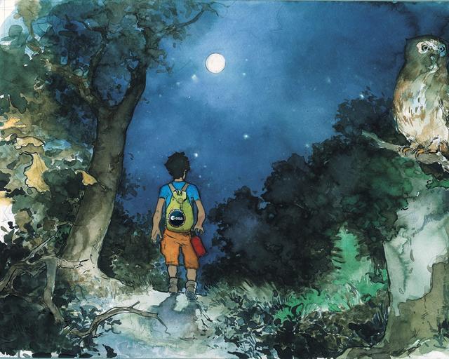 ESA drawing - boy walking into the forest at night